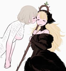 Rule 34 | &gt; &lt;, 2girls, bare shoulders, black dress, black headwear, black vs white, blonde hair, blush, breasts, chimera, closed eyes, detached sleeves, dress, dungeon meshi, falin touden, falin touden (chimera), feathers, frs2, grey hair, highres, holding, holding staff, kiss, long hair, marcille donato, marcille donato (lord), medium breasts, monster girl, multiple girls, open mouth, short hair, simple background, small breasts, spoilers, staff, tears, white feathers, yuri