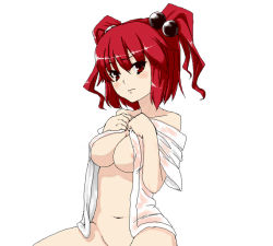 Rule 34 | 1girl, blush, breasts squeezed together, breasts, female focus, kirisato itsuki, large breasts, naked shirt, onozuka komachi, red eyes, red hair, see-through, shirt, sitting, solo, touhou, twintails, two side up