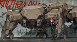 Rule 34 | 1girl, animal ears, anti-materiel rifle, belt, boots, carrying over shoulder, cat ears, full body, glasses, gloves, gun, high heels, highres, jacket, kare huang, long hair, looking at viewer, mecha, original, pink hair, rifle, robot, science fiction, smile, sniper rifle, walking, wall, weapon