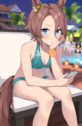 Rule 34 | &gt; &lt;, 3girls, animal ears, asato (fadeless), bare shoulders, bikini, biwa hayahide (umamusume), black hair, blue eyes, blush, breasts, brown hair, building, candle, cellphone, chair, cleavage, closed mouth, grey hair, groin, highres, holding, holding phone, horse ears, horse girl, horse tail, long hair, looking at viewer, lounge chair, medium breasts, multiple girls, narita taishin (umamusume), navel, night, outdoors, palm tree, phone, pool, short hair, sitting, small breasts, smartphone, solo focus, star (sky), swimsuit, tail, tree, umamusume, water, winning ticket (umamusume), wristband