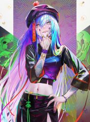 Rule 34 | 1girl, absurdres, arm tattoo, black shirt, black skirt, blonde hair, blue hair, bracelet, breasts, contrapposto, cowboy shot, green eyes, hair between eyes, hand on own hip, hand up, hat, highres, jewelry, jiangshi costume, long hair, looking at viewer, medium breasts, midriff, multicolored hair, nababa, original, parted lips, pencil skirt, purple hair, purple nails, red hair, shirt, skirt, skull, sleeves past elbows, smile, solo, tattoo, teeth, very long hair, w