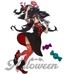 1girl, 2019, alternate costume, black hair, boots, bracelet, candy, doughnut, dress, filia (skullgirls), food, halloween, halloween costume, hat, highres, jewelry, keep charge, lollipop, long hair, long tongue, nail polish, open mouth, parted lips, red eyes, red nails, samson (skullgirls), sharp teeth, skullgirls, solo, teeth, thighhighs, tongue, tongue out, torn clothes, torn legwear, white background, witch, witch hat