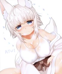 Rule 34 | 1girl, animal ear fluff, animal ears, bad id, bad pixiv id, blush, breasts, commentary, dutch angle, fox ears, fox girl, fox tail, impossible clothes, large breasts, light smile, looking at viewer, mofuaki, nose blush, original, parted lips, short hair, sidelocks, silver hair, simple background, sitting, solo, sweat, tail, tank top, thick eyebrows, thighs, white background