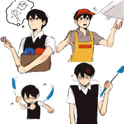 Rule 34 | 1boy, anger vein, apron, black eyes, black hair, black sweater vest, bug, closed eyes, closed mouth, collared shirt, fly, flyswatter, grey shirt, highres, holding, holding wrench, insect, omori, open mouth, pizza box, shirt, short hair, short sleeves, solo, sunny (omori), sweater vest, teeth, thought bubble, twitwi 2468, upper teeth only, white shirt, wrench, yellow apron