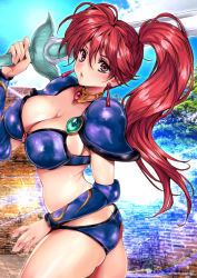 Rule 34 | 1girl, armor, artist name, asagiri youko, ass, bikini, bikini armor, blue bikini, blush, breasts, butt crack, choker, cleavage, earrings, gem, genmu senki leda, highres, holding, holding sword, holding weapon, jewelry, large breasts, lips, long hair, looking at viewer, oyaman, parted lips, pauldrons, red hair, shiny skin, shoulder armor, side ponytail, simple background, solo, swimsuit, sword, thighs, vambraces, weapon