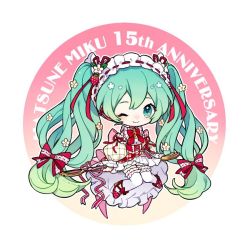 Rule 34 | 1girl, anniversary, aqua eyes, aqua hair, bow, bowtie, character name, chibi, commentary, detached sleeves, dress, flower, food, food-themed hair ornament, frilled thighhighs, frills, fruit, hair bow, hair flower, hair ornament, hair ribbon, hatsune miku, headdress, long hair, looking at viewer, nishina hima, one eye closed, puffy detached sleeves, puffy sleeves, red bow, red bowtie, red dress, red footwear, red ribbon, ribbon, smile, solo, strawberry, strawberry hair ornament, strawberry miku (morikura), thighhighs, treble clef, twintails, very long hair, vocaloid, white background, white flower, white thighhighs