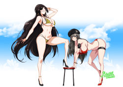 2girls, absurdres, animal print, ankle strap, arm up, bangs, bare arms, bare legs, bare shoulders, bent over, bikini, black footwear, black hair, blush, bracelet, breasts, cleavage, closed mouth, cloud, collarbone, commentary, contrapposto, counter:side, dated, eyepatch, full body, grey hair, hand up, hat, high heels, highres, jewelry, large breasts, leopard print, long hair, looking at viewer, multiple girls, navel, parted lips, rantia, red bikini, red footwear, sagging breasts, shadow, shiny, shiny skin, signature, sky, stool, string bikini, swimsuit, thigh strap, v-shaped eyebrows, very long hair, wavy mouth, yellow eyes