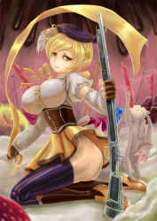Rule 34 | 10s, 1girl, amibazh, ass, blonde hair, blouse, breasts, candy, corset, detached sleeves, drill hair, fingerless gloves, food, gloves, gun, hat, highres, huge breasts, impossible clothes, impossible shirt, kneeling, kyubey, large breasts, legs, long hair, looking at viewer, mahou shoujo madoka magica, mahou shoujo madoka magica (anime), pinstripe pattern, rifle, shawl, shirt, shoes, smile, striped, thighhighs, thighs, tomoe mami, weapon, yellow eyes