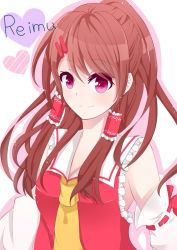 Rule 34 | 1girl, ascot, brown hair, character name, colored shadow, detached sleeves, hair ornament, hair tubes, hairclip, hakurei reimu, heart, highres, looking at viewer, pink eyes, ponytail, renon (honeyco2s2), shadow, sidelocks, simple background, smile, solo, touhou, upper body, vest, white background