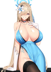 Rule 34 | 1girl, absurdres, arm support, armlet, armpit crease, asuna (blue archive), bare shoulders, black choker, black thighhighs, blonde hair, blue archive, blue dress, blue ribbon, blue sash, braid, breasts, chixiao, choker, cowboy shot, crown braid, dress, earrings, elbow gloves, evening gown, flower, gloves, grin, hair flower, hair ornament, hair over one eye, hair ribbon, halo, halter dress, halterneck, hand up, highres, huge breasts, jewelry, lace, lace-trimmed dress, lace trim, long hair, looking at viewer, mole, mole on breast, necklace, no panties, one eye covered, plunging neckline, ribbon, sash, satin dress, shiny skin, side slit, simple background, sleeveless, sleeveless dress, smile, solo, strap gap, teeth, thighhighs, thighs, very long hair, white background, white flower, white gloves