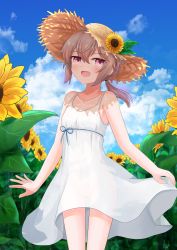 Rule 34 | 1girl, absurdres, blue sky, blush, cloud, cloudy sky, day, dress, flat chest, flower, flower on head, flower ornament, girls&#039; frontline, groin, hat, highres, lexis yayoi, light purple hair, looking at viewer, low ponytail, m200 (girls&#039; frontline), nipples, no bra, no panties, open mouth, ponytail, purple eyes, pussy, see-through, shadow, sky, smile, solo, standing, straw hat, sun hat, sundress, sunflower, uncensored, white dress