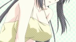 Rule 34 | 10s, 1girl, animated, animated gif, bare shoulders, black hair, bouncing breasts, breasts, cleavage, close-up, covered erect nipples, female focus, head out of frame, impossible clothes, kore wa zombie desu ka?, large breasts, long hair, lowres, no bra, seraphim (korezom), solo