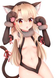 Rule 34 | 1girl, :o, absurdres, animal ears, animal hands, arm ribbon, armpits, black gloves, black leotard, blonde hair, blush, breasts, cat ears, cat tail, center opening, dangeroes beast (illya), elbow gloves, fake animal ears, fang, fate/kaleid liner prisma illya, fate/stay night, fate (series), fur-trimmed gloves, fur collar, fur trim, gloves, hair between eyes, hair ribbon, highres, illyasviel von einzbern, leotard, long hair, navel, no bra, official alternate costume, open mouth, paw gloves, red eyes, ribbon, shiny skin, sideboob, simple background, small breasts, solo, stomach, tail, tail ornament, tail ribbon, white background