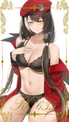 Rule 34 | 1girl, beret, black bra, black hair, black panties, bra, breasts, character name, cleavage, clothes pull, coat, expressionless, girls&#039; frontline, griffin &amp; kryuger military uniform, hand on own chest, hat, highres, jacket, jacket pull, jewelry, lingerie, looking at viewer, low twintails, medium breasts, military hat, multicolored hair, navel, off shoulder, panties, red coat, red hat, red jacket, ring, ro635 (girls&#039; frontline), shizuko hideyoshi, sitting, solo, stomach, streaked hair, thighs, twintails, underwear, white hair, yellow eyes