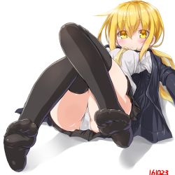Rule 34 | 10s, 1girl, black thighhighs, blonde hair, blush, dd (ijigendd), feet, highres, kantai collection, looking at viewer, low twintails, lying, necktie, no shoes, numbered, on back, panties, satsuki (kancolle), satsuki kai ni (kancolle), school uniform, simple background, solo, thighhighs, twintails, underwear, white background, white panties, yellow eyes, yellow necktie