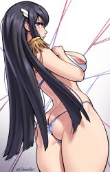 Rule 34 | 1girl, ass, bikini, black hair, blue eyes, breasts, butt crack, closed mouth, cowboy shot, dracksart, from behind, gradient background, grey background, highres, kill la kill, kiryuuin satsuki, large breasts, lips, long hair, looking back, shoulder pads, solo, standing, swimsuit, white bikini