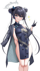 Rule 34 | 1girl, absurdres, arm behind back, bare arms, bare legs, bare shoulders, black dress, black gloves, black hair, black jacket, blue archive, breasts, butterfly hair ornament, china dress, chinese clothes, covered navel, double bun, dragon print, dress, elze (s01047480836), feet out of frame, gloves, grey eyes, hair bun, hair ornament, halo, hand up, highres, jacket, jacket on shoulders, kisaki (blue archive), long hair, long sleeves, looking at viewer, no panties, open clothes, open jacket, pelvic curtain, print dress, simple background, sleeveless, sleeveless dress, small breasts, solo, sparkle, standing, thighs, twintails, v, very long hair, white background