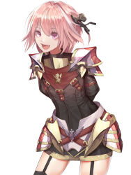 Rule 34 | 1boy, :d, absurdres, arm strap, armor, astolfo (fate), black bow, black shirt, black skirt, black thighhighs, bow, buckle, commentary request, contrapposto, emblem, fang, fate/apocrypha, fate (series), faulds, garter straps, gold trim, gorget, hair between eyes, hair bow, hair intakes, highres, legs apart, long hair, long sleeves, looking at viewer, male focus, miniskirt, multicolored hair, open mouth, pauldrons, pink hair, puffy long sleeves, puffy sleeves, purple eyes, shirt, shoulder armor, simple background, skirt, smile, solo, standing, streaked hair, thighhighs, trap, turtleneck, two-tone hair, white background, white hair, yanmaat