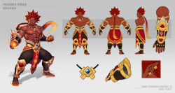 Rule 34 | 1boy, armor, bara, barefoot, breasts, character sheet, concept art, dark-skinned male, dark skin, fingerless gloves, gloves, gold armor, grey background, highres, jewelry, large breasts, large pectorals, long hair, multicolored hair, muscular, muscular male, necklace, pectorals, pointy ears, ravana (smite), red hair, smite, spiked hair, thick thighs, thighhighs, thighs, toeless legwear, toes, tooth necklace, very dark skin, waist cape, weapon focus, xelgot