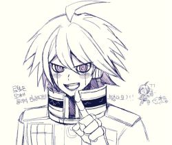 Rule 34 | 2boys, ahoge, armor, blush stickers, chibi, chibi inset, danganronpa (series), danganronpa v3: killing harmony, greyscale, japanese armor, k1-b0, looking at viewer, male focus, monochrome, multiple boys, open mouth, pointing, pointing at viewer, portrait, raonal97, saihara shuichi, short hair, shoulder armor, sketch, smile, sode, translation request, upper body