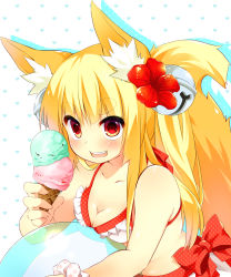 Rule 34 | 1girl, animal ears, ball, beachball, bell, bikini, blonde hair, blush, breasts, cleavage, collarbone, flower, food, fox ears, fox tail, hair flower, hair ornament, heart, heart background, hibiscus, ice cream, ice cream cone, jingle bell, kuroneko0202, looking at viewer, open mouth, original, red eyes, simple background, solo, swimsuit, tail, teeth
