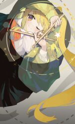 Rule 34 | 1girl, ahoge, arm above head, blonde hair, bocchi the rock!, bow, closed mouth, collared shirt, drumsticks, green jacket, hair between eyes, highres, holding, holding drumsticks, ijichi nijika, jacket, long hair, long sleeves, looking at viewer, lying, nekoolantern, on back, one eye closed, pleated skirt, red bow, resolution mismatch, shirt, side ponytail, sidelocks, skirt, smile, solo, source larger, star (symbol), very long hair, white shirt, yellow eyes