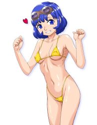 Rule 34 | 1girl, azuteka, bad id, bad pixiv id, bikini, blue eyes, blue hair, blush, breasts, breasts apart, cameltoe, clenched hands, collarbone, covered erect nipples, cowboy shot, dragon quest, dragon quest x, from side, goggles, goggles on head, grin, groin, hands up, heart, highleg, highleg bikini, highleg swimsuit, legs together, looking at viewer, matching hair/eyes, medium breasts, micro bikini, navel, serafi (dq10), seraphy (dq10), shadow, shiny skin, short hair, sideboob, simple background, smile, solo, spoken heart, square enix, standing, strap gap, string bikini, swimsuit, underboob, white background, yellow bikini