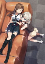 Rule 34 | 10s, 2girls, anastasia (idolmaster), arm belt, bad id, bad pixiv id, belt, black socks, blue eyes, brown hair, buckle, checkered floor, closed eyes, closed mouth, couch, earrings, finger to mouth, from above, hair between eyes, highres, idolmaster, idolmaster cinderella girls, index finger raised, jewelry, kisetsu, kneehighs, kneeling, long hair, lying, multiple girls, necktie, nitta minami, no shoes, on back, on couch, shadow, short hair, shorts, shushing, silver hair, single kneehigh, single sock, single thighhigh, skirt, sleeping, sleeveless, smile, socks, tank top, thighhighs, white legwear, wrist cuffs