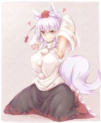 Rule 34 | 1girl, animal ears, armpits, arms behind head, arms up, black skirt, blush, breasts, closed mouth, detached sleeves, dog ears, dog tail, hat, inubashiri momiji, large breasts, looking at viewer, red eyes, red hat, seiza, short hair, sitting, skirt, smile, solo, tail, thick eyebrows, tokin hat, touhou, white hair, yonaga san