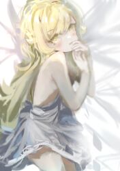 Rule 34 | 1girl, armpit crease, blonde hair, blush, dress, flat chest, hands on own face, highres, knees out of frame, long eyelashes, long hair, looking at viewer, lying, monogatari (series), no bra, on bed, on side, open mouth, oshino shinobu, own hands together, shinobusc2, shiny skin, solo, swept bangs, yellow eyes