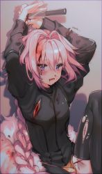 Rule 34 | 1boy, artist request, astolfo (fate), bad id, bad pixiv id, black thighhighs, blood, braid, crossdressing, crying, fate/grand order, fate (series), guro, hair between eyes, hair intakes, highres, injury, knife, long hair, long sleeves, male focus, open mouth, pink hair, purple eyes, reverse ryona, sad, single braid, solo, thighhighs, torn clothes, torn thighhighs, trap, twintails