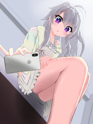 Rule 34 | + +, 1girl, 9-nine-, :o, ahoge, bare legs, blurry, blurry background, blush, breasts, cellphone, commentary, dress, drooling, eyelashes, eyes visible through hair, feet out of frame, foreshortening, frilled dress, frills, from below, grey hair, hair between eyes, hair down, highres, holding, holding phone, indoors, long hair, looking at viewer, looking down, medium breasts, mouth drool, niimi sora, open mouth, open pajamas, pajamas, phone, pinky out, purple eyes, ryu9voice, short dress, sidelighting, sidelocks, single bare shoulder, sitting, sleeveless, sleeveless dress, smartphone, solo, spaghetti strap, striped clothes, striped pajamas, thighs, wavy hair, white dress