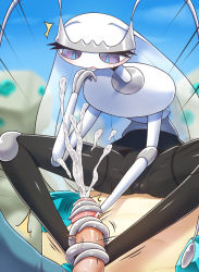 Rule 34 | 1boy, 1girl, alternate color, antennae, bar censor, black skin, blue eyes, blue sky, blush, censored, colored skin, creatures (company), cum, day, ejaculation, emphasis lines, erection, footjob, game freak, gen 7 pokemon, hand up, handjob, hetero, highres, interspecies, long hair, looking down, multicolored eyes, multicolored skin, nintendo, open mouth, orgasm, outdoors, penis, pheromosa, pointless censoring, pokemon, pokemon (creature), pokephilia, purple eyes, rantana (lalalalackluster), shiny pokemon, sitting, sky, solo focus, spread legs, sweat, textless version, two-tone skin, ultra beast, uncensored, white hair, white skin