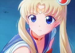 Rule 34 | 1girl, bare shoulders, bishoujo senshi sailor moon, blonde hair, blue eyes, blue sailor collar, blush, breasts, choker, circlet, cleavage, collarbone, commentary request, crescent, crescent earrings, derivative work, earrings, from side, hair bobbles, hair ornament, heart, heart choker, highres, jewelry, long hair, looking at viewer, looking to the side, meme, nicca (kid nicca), parted bangs, parted lips, red choker, sailor collar, sailor moon, sailor moon redraw challenge (meme), solo, tile floor, tiles, tsukino usagi, twintails, upper body, v-shaped eyebrows