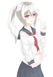 Rule 34 | 1girl, absurdres, bad id, bad pixiv id, breasts, dress, heart, heart-shaped pupils, highres, iya death, original, pregnant, purple eyes, sailor dress, school uniform, simple background, small breasts, solo, standing, symbol-shaped pupils, v, white background, white hair