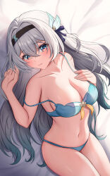 Rule 34 | 1girl, absurdres, aqua bra, aqua panties, bare arms, bare shoulders, bed sheet, black hairband, bra, collarbone, commentary request, cowboy shot, firefly (honkai: star rail), grey hair, hair ornament, hairband, hand on own chest, highres, honkai: star rail, honkai (series), long hair, looking at viewer, lying, navel, on back, panties, shouhaku0512, smile, solo, stomach, thighs, underwear, underwear only, very long hair
