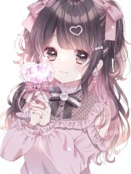 Rule 34 | 1girl, azarashi6, black nails, black ribbon, bow, brown eyes, brown hair, closed mouth, colored inner hair, commentary request, earrings, frilled shirt, frilled shirt collar, frills, hair bow, hair ornament, heart, heart hair ornament, highres, holding, holding wand, jewelry, jirai kei, looking at viewer, multicolored hair, multicolored nails, nail art, nail polish, original, pink bow, pink hair, pink nails, pink shirt, ribbon, shirt, simple background, swept bangs, two side up, wand, white background