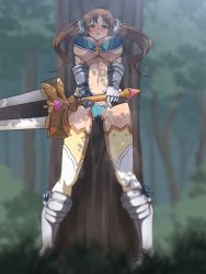Rule 34 | 1girl, :o, against tree, alternate costume, armor, bad id, bad pixiv id, bare shoulders, bikini armor, blue panties, blush, breast press, breasts, brown eyes, brown hair, cameltoe, cleavage, cleft of venus, covered erect nipples, cross, curvy, full body, gauntlets, gluteal fold, granblue fantasy, greaves, hair ornament, heart, highres, idolmaster, idolmaster cinderella girls, large breasts, looking at viewer, nanashi maru, navel, nose blush, open mouth, panties, parody, plump, short hair with long locks, solo, sweat, sword, tareme, thighhighs, totoki airi, tree, twintails, underboob, underwear, weapon, white thighhighs