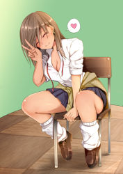 Rule 34 | 1girl, ^ ^, black skirt, breasts, brown footwear, brown hair, chair, cleavage, closed eyes, closed mouth, clothes around waist, dress shirt, earrings, closed eyes, facing viewer, full body, gyaru, heart, jewelry, kappamaru, kogal, large breasts, leg warmers, long hair, looking at viewer, original, pleated skirt, school uniform, shirt, shoes, sitting, skirt, sleeves rolled up, smile, solo, spoken heart, sweater, sweater around waist, v, white shirt