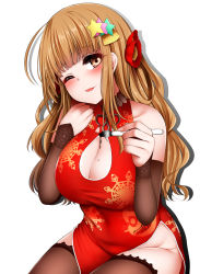 Rule 34 | 1girl, absurdres, ahoge, bad id, bad pixiv id, blunt bangs, breasts, brown eyes, brown hair, brown thighhighs, china dress, chinese clothes, cleavage, cleavage cutout, clothing cutout, collarbone, cowboy shot, detached sleeves, dress, flower, hair flower, hair ornament, head tilt, highres, idolmaster, idolmaster cinderella girls, invisible chair, lace, lace-trimmed legwear, lace trim, large breasts, legs together, long hair, looking at viewer, mapar, mole, mole on breast, moroboshi kirari, no panties, one eye closed, paintbrush, parted lips, pelvic curtain, red dress, side slit, sitting, smile, solo, star (symbol), star hair ornament, thighhighs, wavy hair
