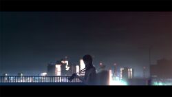 Rule 34 | 1girl, artist name, blurry, blurry background, camera, city lights, commentary request, holding, holding camera, letterboxed, medium hair, night, original, outdoors, railing, short sleeves, sky, skyline, solo, tanaka ryosuke
