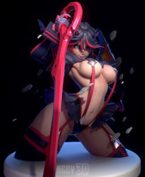 Rule 34 | 1girl, 3d, artist name, black background, black hair, blue eyes, breasts, commentary, english commentary, highres, holding, holding sword, holding weapon, kill la kill, large breasts, matoi ryuuko, multicolored hair, navel, red hair, scissor blade (kill la kill), simple background, solo, streaked hair, sword, thighhighs, travis ngov, two-tone hair, underboob, watermark, weapon
