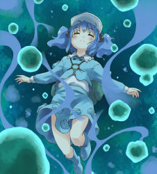 Rule 34 | 1girl, blue hair, blush, boots, bubble, dress, closed eyes, face, female focus, hair bobbles, hair ornament, hat, kawashiro nitori, key, knees, pocket, short hair, short twintails, skirt, solo, touhou, twintails, two side up, underwater, water, yudepii