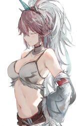 Rule 34 | 1girl, absurdres, arknights, arm warmers, bare shoulders, breasts, brown hair, closed eyes, closed mouth, collarbone, crop top, fake horns, gloves, gnai, hairband, highres, horns, kirin (armor), kirin r yato (arknights), large breasts, long hair, midriff, mole, mole under eye, monster hunter (series), navel, pointy ears, simple background, single arm warmer, single horn, single sleeve, solo, upper body, white background, white hair, yato (arknights)