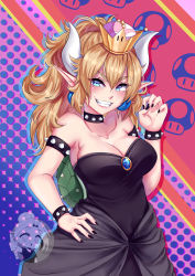 Rule 34 | 1girl, absurdres, armlet, bare shoulders, black collar, black dress, blonde hair, blue eyes, bowsette, bracelet, breasts, cleavage, collar, commentary, covered navel, crown, dress, earrings, highres, horns, jewelry, large breasts, lips, long dress, maen.chan, mario (series), new super mario bros. u deluxe, nintendo, open mouth, silhouette, simple background, solo, spiked armlet, spiked bracelet, spiked collar, spiked shell, spiked tail, spikes, strapless, strapless dress, super crown, tail, teeth