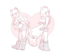 Rule 34 | 2girls, :3, ahoge, animal ear fluff, animal ear headphones, animal ears, armband, arms behind back, bandaged arm, bandages, bare shoulders, blush, blush stickers, boots, breasts, cat ear headphones, cat ears, cat girl, cat tail, crop top, fake animal ears, female focus, fingerless gloves, from behind, from side, full body, gloves, hand up, happy, headphones, heart, heart background, heel up, jpeg artifacts, kneehighs, kneepits, leaning forward, linmiu (smilemiku), long hair, looking at viewer, looking back, medium breasts, midriff, monochrome, multiple girls, navel, open mouth, original, parted lips, paw print, paw shoes, pink background, pink theme, ponytail, shirt, short shorts, shorts, simple background, sketch, sleeveless, sleeveless shirt, small breasts, smile, socks, standing, stomach, symmetry, tail, two-tone background, very long hair, white background