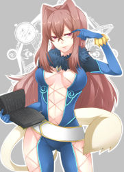 Rule 34 | 1girl, belt, belt skirt, bodysuit, book, breasts, brown hair, center opening, cleavage cutout, clothing cutout, gloves, hair intakes, long hair, mitsuko (likiliki), navel, presa (tales), red eyes, skin tight, smile, solo, tail, tales of (series), tales of xillia