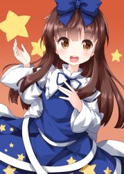 Rule 34 | 1girl, blue bow, blue dress, blue neckwear, blue ribbon, bow, brown eyes, brown hair, dress, frilled shirt collar, frills, gradient background, hair bow, highres, juliet sleeves, long hair, long sleeves, looking at viewer, open mouth, orange background, puffy sleeves, ribbon, ruu (tksymkw), smile, solo, standing, star (symbol), star sapphire, touhou, wide sleeves
