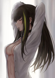 Rule 34 | 1girl, absurdres, arms behind head, black hair, breasts, choker, cleavage, closed eyes, commentary request, from side, girls&#039; frontline, green hair, hair tie in mouth, highres, long hair, m4a1 (girls&#039; frontline), medium breasts, mouth hold, multicolored hair, navel, open clothes, open shirt, selcky, shirt, solo, streaked hair, upper body, white shirt