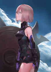 Rule 34 | 1girl, arm guards, armor, armored dress, bare shoulders, black leotard, blazpu, blue sky, breastplate, breasts, dress, elbow gloves, fate/grand order, fate (series), gloves, hair over one eye, highleg, highleg leotard, highres, leotard, light purple hair, mash kyrielight, medium breasts, purple eyes, purple gloves, shield, short dress, short hair, sky, solo, thigh strap, thighhighs, thighs